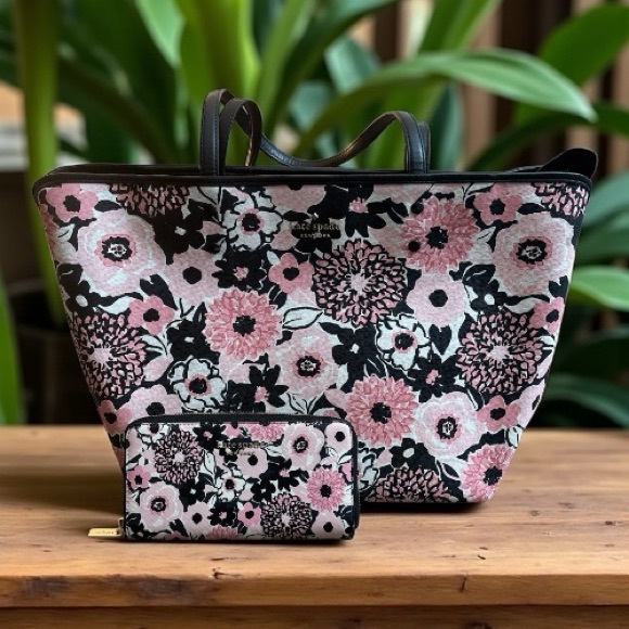 Kate Spade Pink and Black Floral Tote with Wallet - Picture 1 of 11